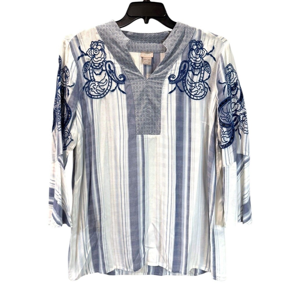 Chico’s Blue & White Blouse Striped Bell Sleeve Embroidered Top Size L 12/14 (2)